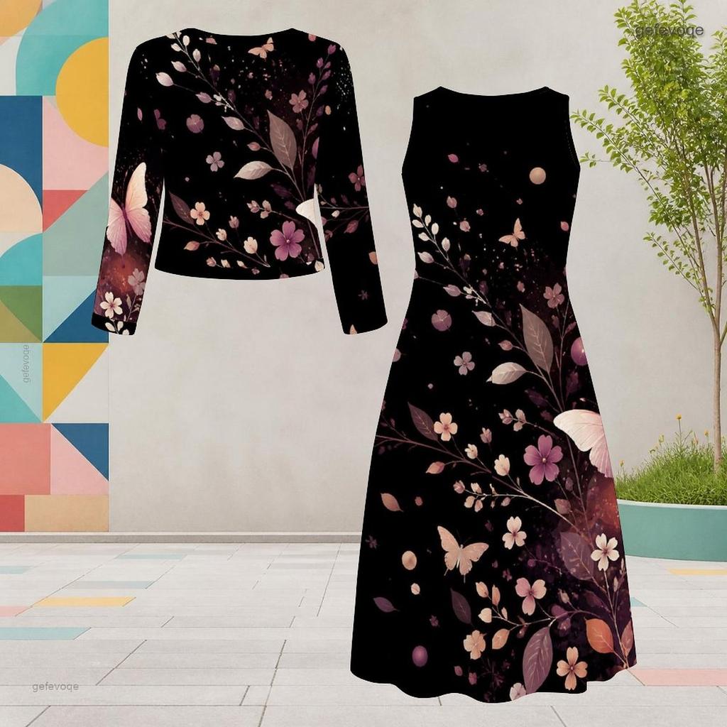 Set Due Pezzi Abito Midi Nero da Donna Taglie Forti Scollo Rotondo Manica Lunga Stampa Farfalle
