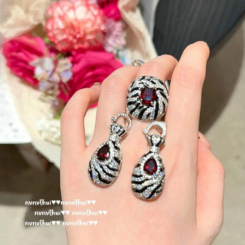 Ancient Babylon Pomegranate Ruby Drop Earrings, Vintage Court, 18K Gold Plated, Cheetah Curved Zircon Ring