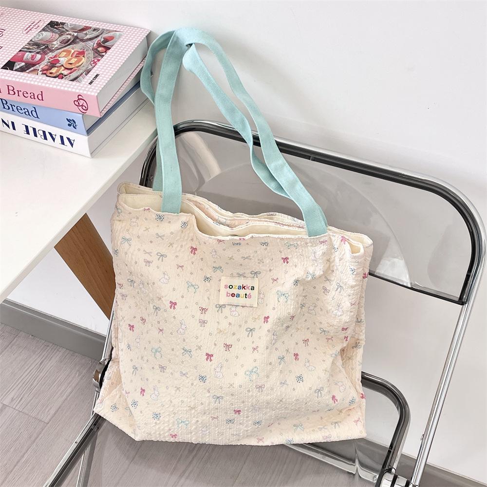 Cute Printed Kitten Canvas Bag Large Capacity Double Layer Work Bag Student Girl Summer Handbag