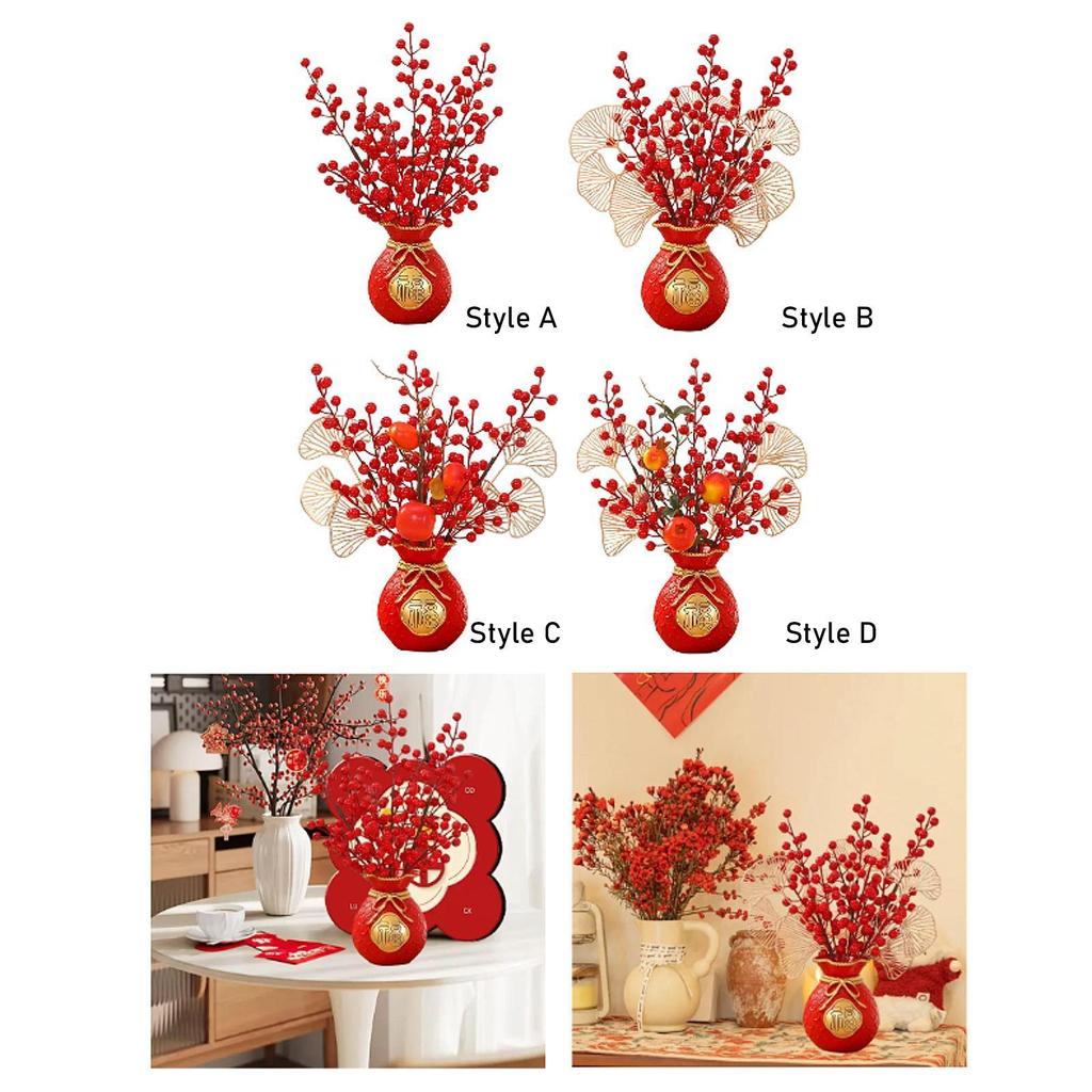 Chinese Lunar New Year Decoration Table Centerpiece Artificial Red Berry Branches for Birthday Desk Home Hotel Living Room