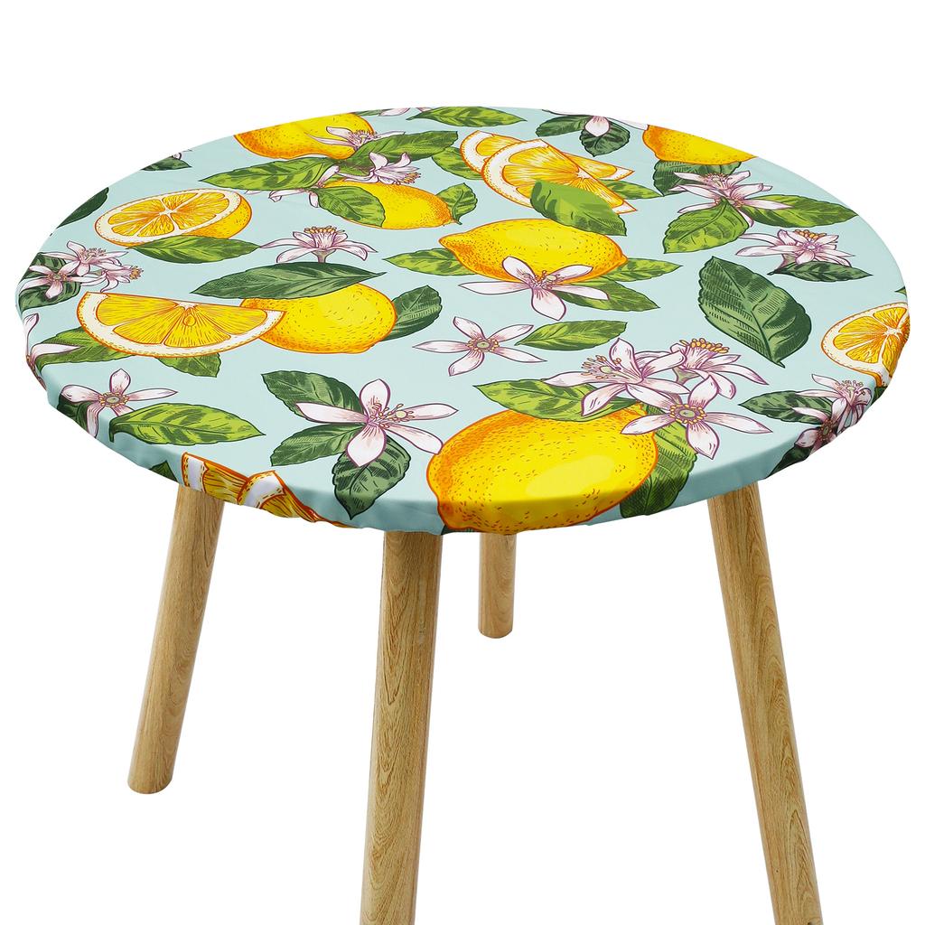 Flower Print Round Tablecloth Wood Texture Vintage Indoor Outdoor Waterproof Elastic Edge Picnic Table Cloth Decor