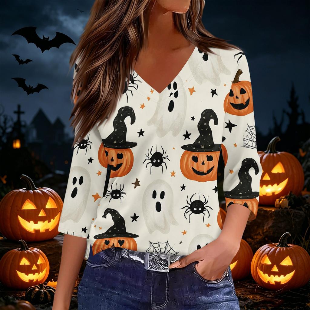 Women's Fashion Casual V-Neck Three-Quarter Sleeve Top with Halloween Print for Fall Parties