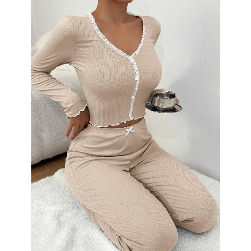 Women Sexy Slim Lace Trim Long Sleeve Long Pants Pajama Set Home Loungewear