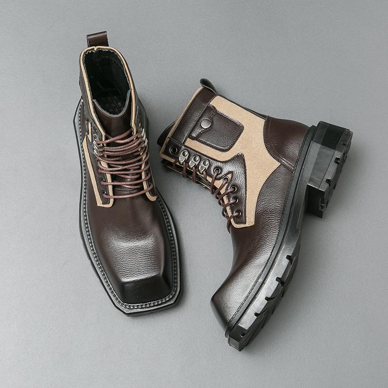 

Fashion New Fashion Men s Square-Toe Leather Combat Boots Man Lace-up Motorcycle Boots Dress Shoes Luxury Thick Soled Boots Cowboy Boots 42 коричневый