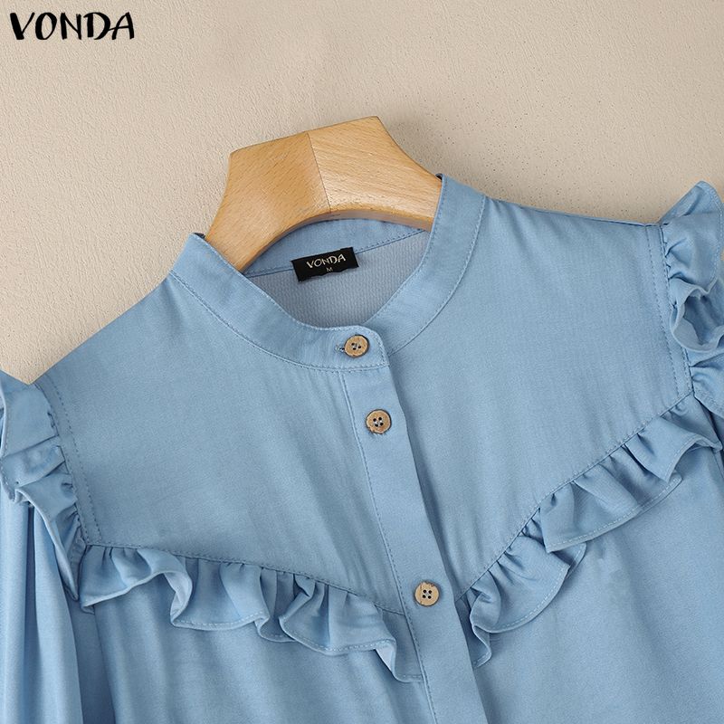 VONDA Elegant Women Long Sleeve Ruffled Plaid Blouse Shirts