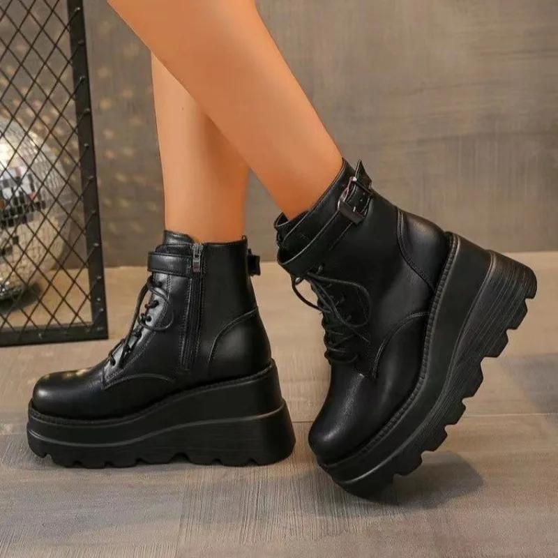New Style Luxury Black Wedges Ankle Boots Women's Gothic Shoes Designer Round Toe Platform Lace-up Belt Buckle Side Zipper Boots