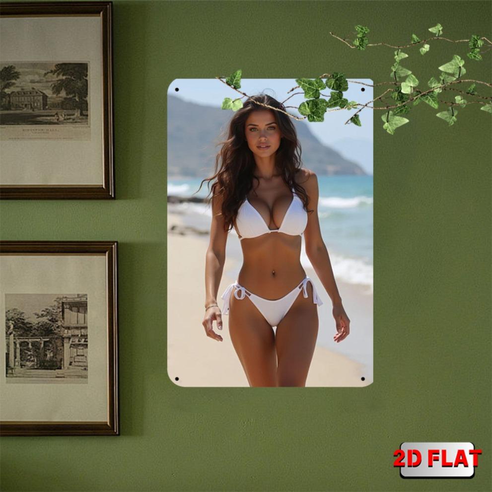 Retro White Metal Bikini Beach Wall Sign 8x12 Inch Vintage Surf Art Door Outdoor Decor Sign 2D Flat Plaque 1960s Easy Install