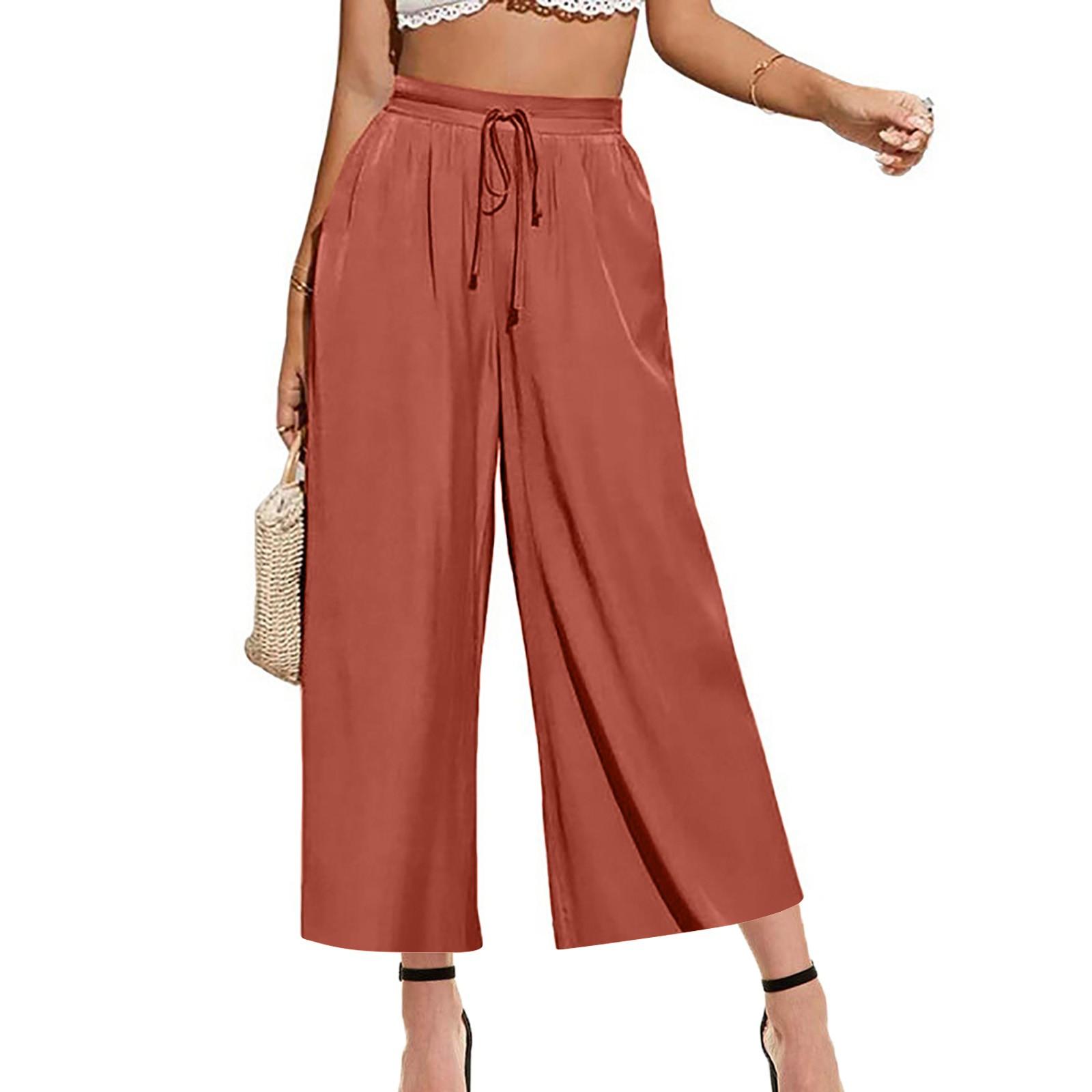 

Women s Colour Elastic Waist Drawstring Pleated Wide Leg Pants Pockets /10 Pants S червоний