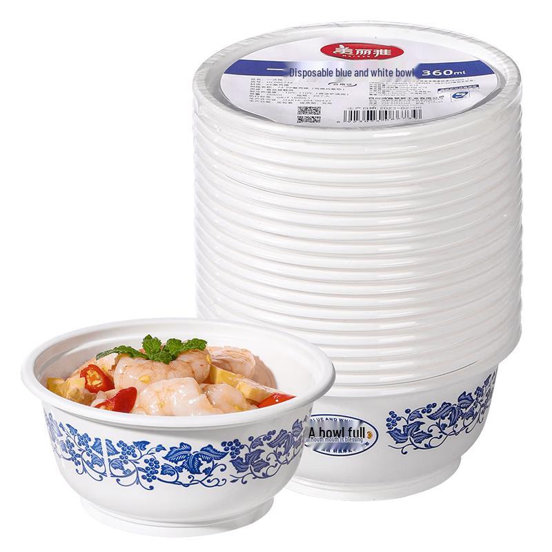 Meiliya Disposable Microwaveable Plastic Bowls, Blue & White Pattern