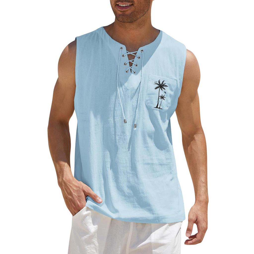 Men's Hawaiian Print Tank Top - Casual Loose Fit Sleeveless Tie Front, Hawaiian Floral Pattern Summer Beach Vacation Outdoor Sports Travel Top