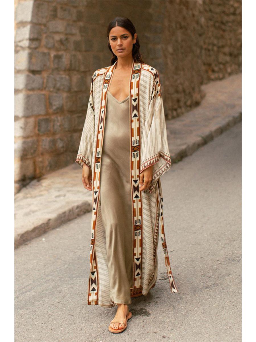 

Вискозный кардиган-кимоно с принтом для отпуска: Пляжная накидка с защитой от солнца One Size бежевый