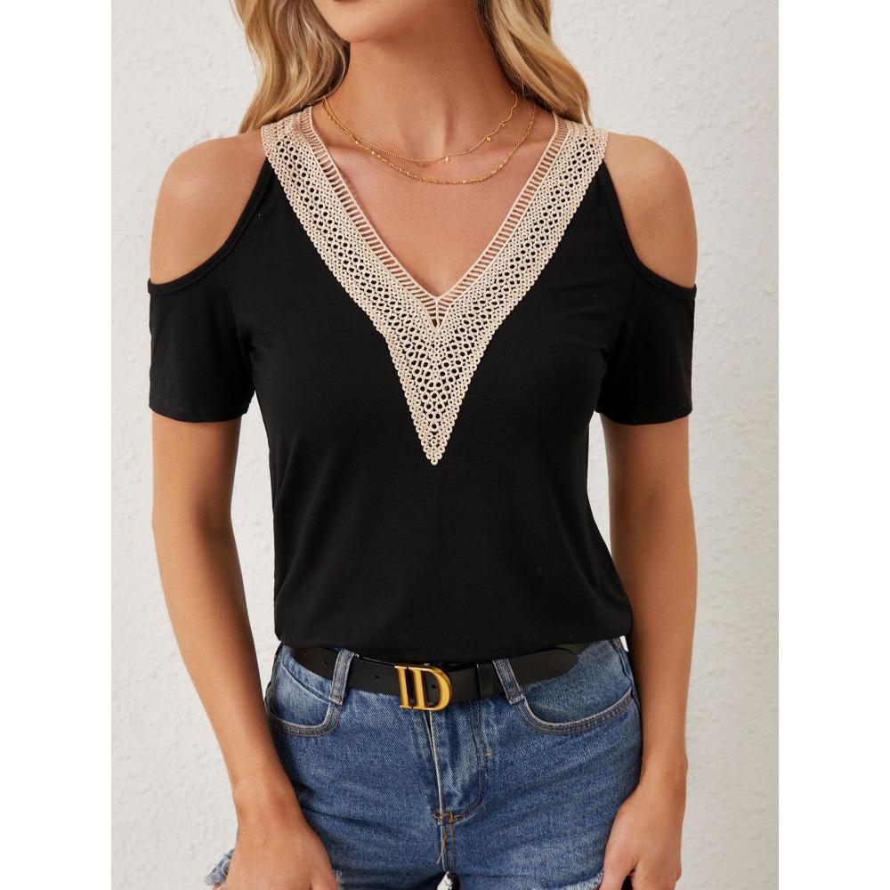 

Женская элегантная кружевная футболка с V-образным вырезом и аппликацией на рукавах, свободная однотонная футболка с коротким рукавом XXL чёрный