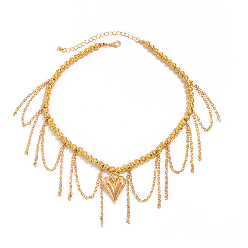 Women Beads Heart Pendant Necklace Tassel Clavicle Chain Adjustable Tassel Chain Party Jewelry Accessories