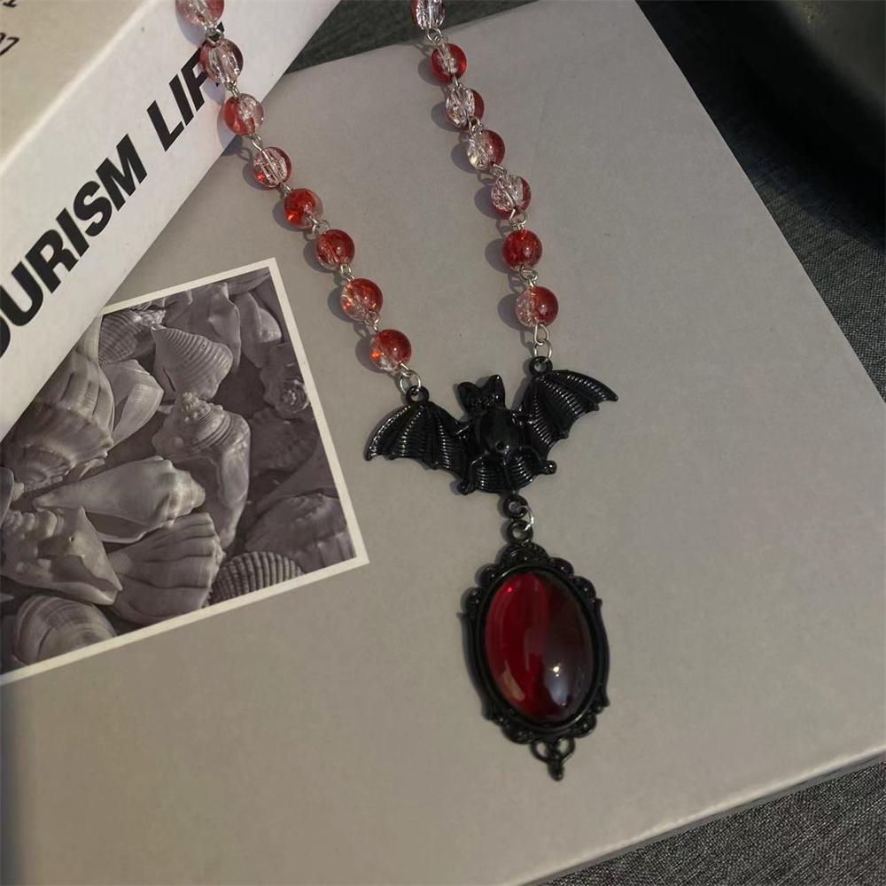 Spooky Bat Resin Gem Necklace for Women Gothic Halloween Statement Pendant Necklace Costume Accessories