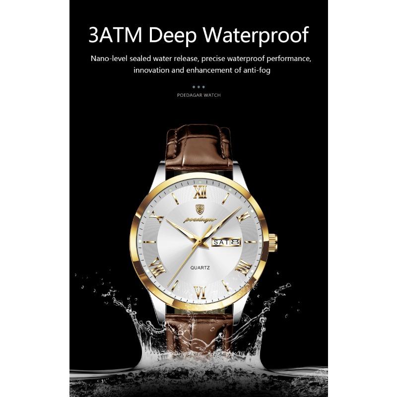 POEDAGAR Luxury Fashion Watch for Man Leather Date Week Casual Quartz Clock Waterproof Luminous Business Watches Reloj