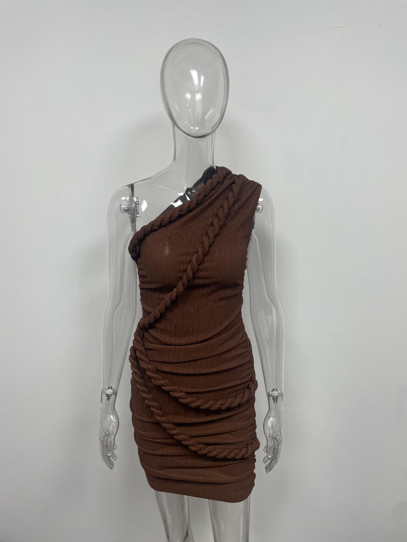 2026 European Fashion: Women s Sexy One-Shoulder Bodycon Dress with Twisted Rope Detail Small