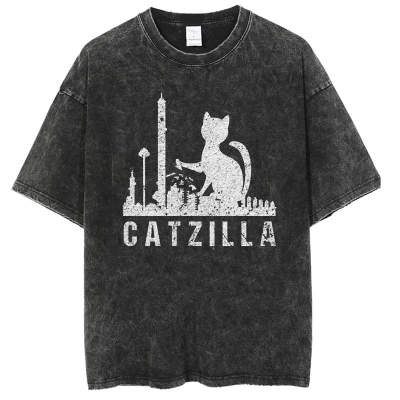 Summer America Other Old Washed Cross-border Large Size Loose T-shirt Catzilla Monster Cat Male and Female Students Tide
