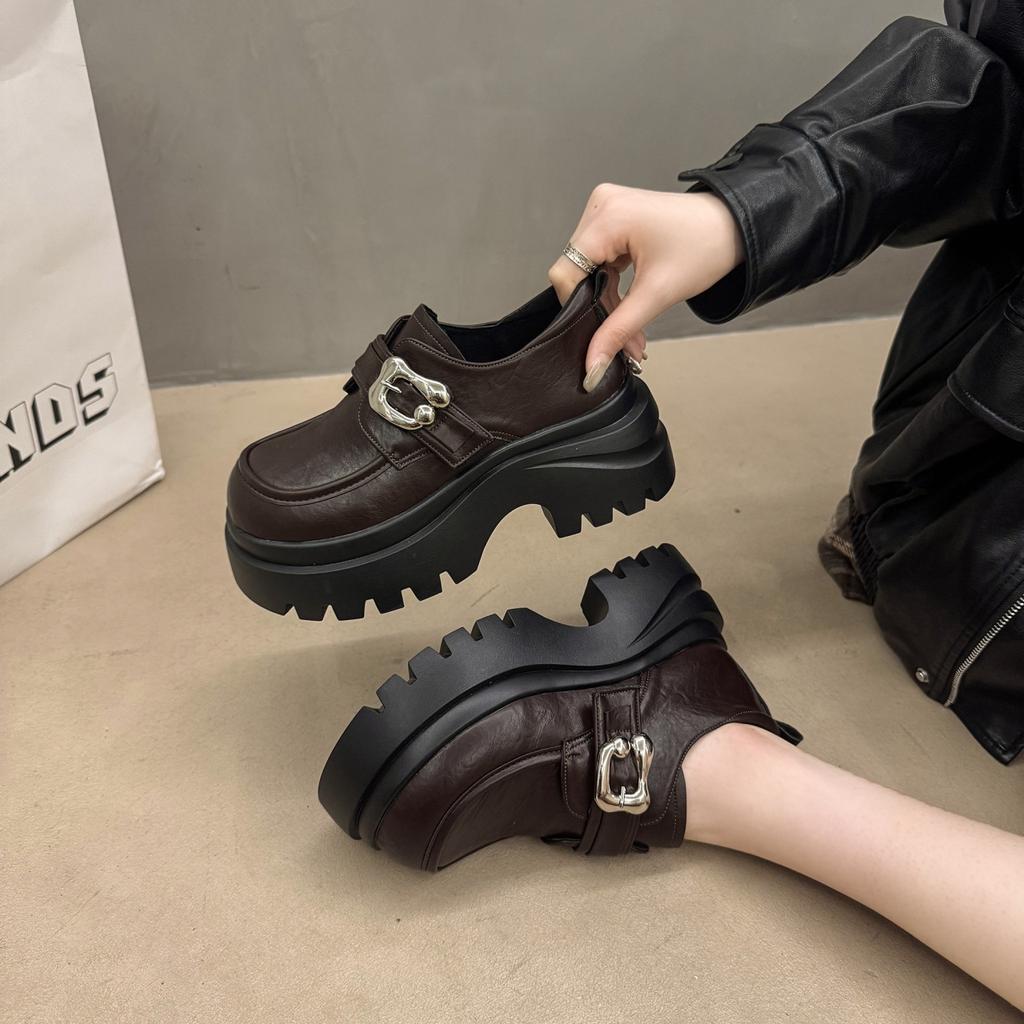 Platform small leather shoes women's British style autumn 2025 new French single shoes heightening lace-up muffin loafers