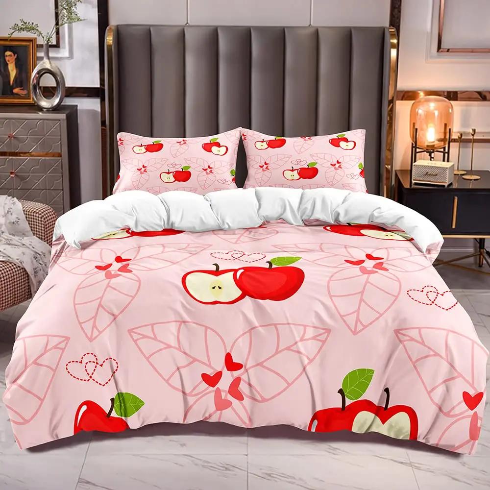 Red Apple King Queen Duvet Cover Sweet Fruit Patterned Bedding Set For Kids Pink Quilt Cover Plant Polyester Comforter Cover