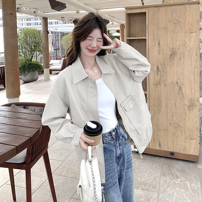 Solid Color Zipper Pocket Cardigan Women Autumn Winter Casual Simple Lapel PU Leather Jacket