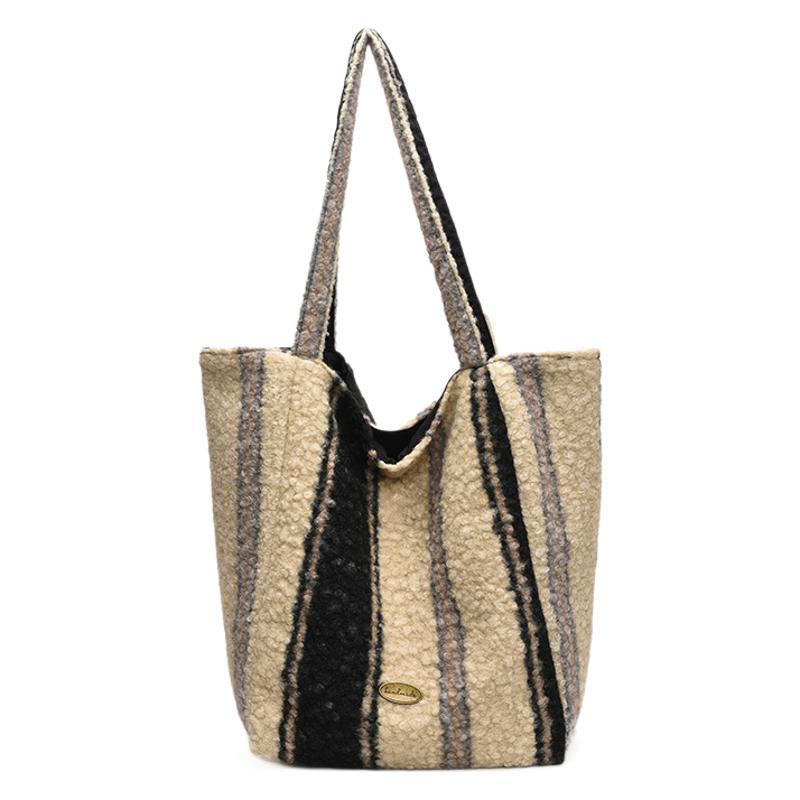 2025 New Plush Tote Bag Vertical Striped Cloth Bag British Plaid Shoulder Bag Large Capacity Double-sided Backpack