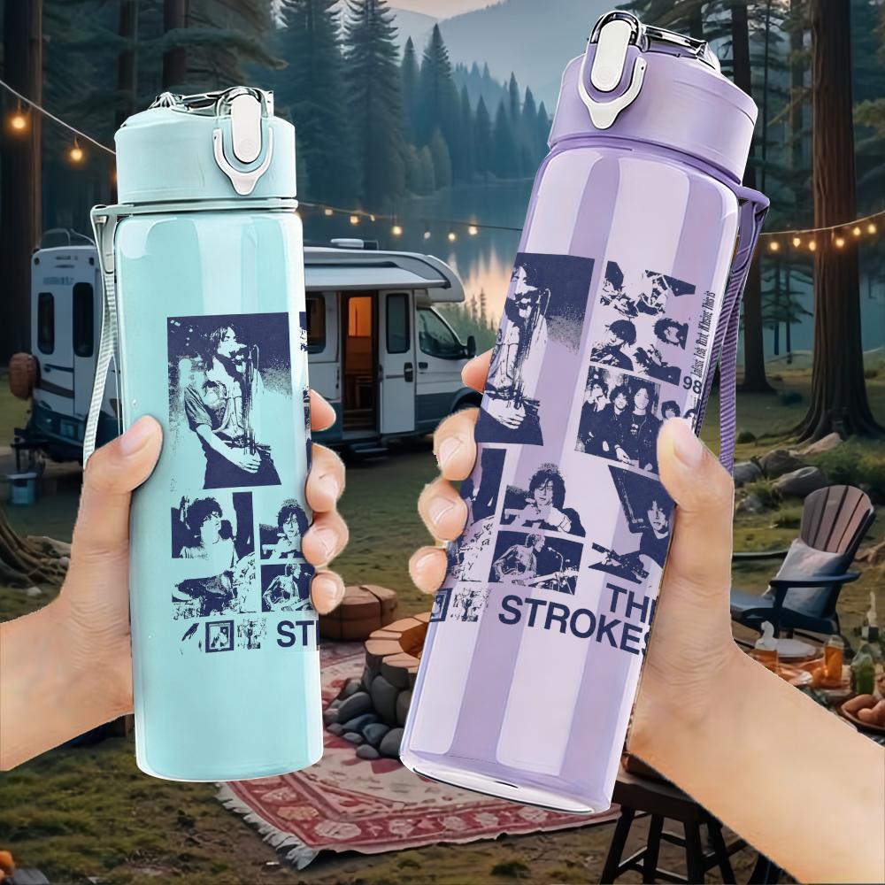 1PC Retro Band Black White Grid Collage Print 750ml Portable Sports Water Bottle Leakproof Gym Outdoor Travel Drink Cup