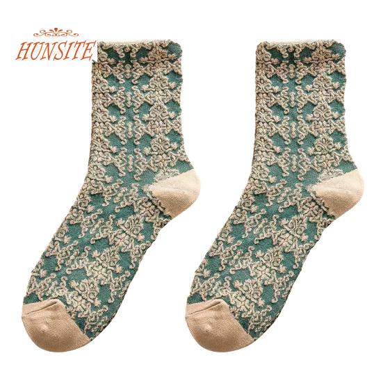 

1 пара жіночих шкарпеток-трубок у ретро-палацовому стилі, тиснений жакардовий дизайн, еластичні теплі святкові шкарпетки середньої довжини A