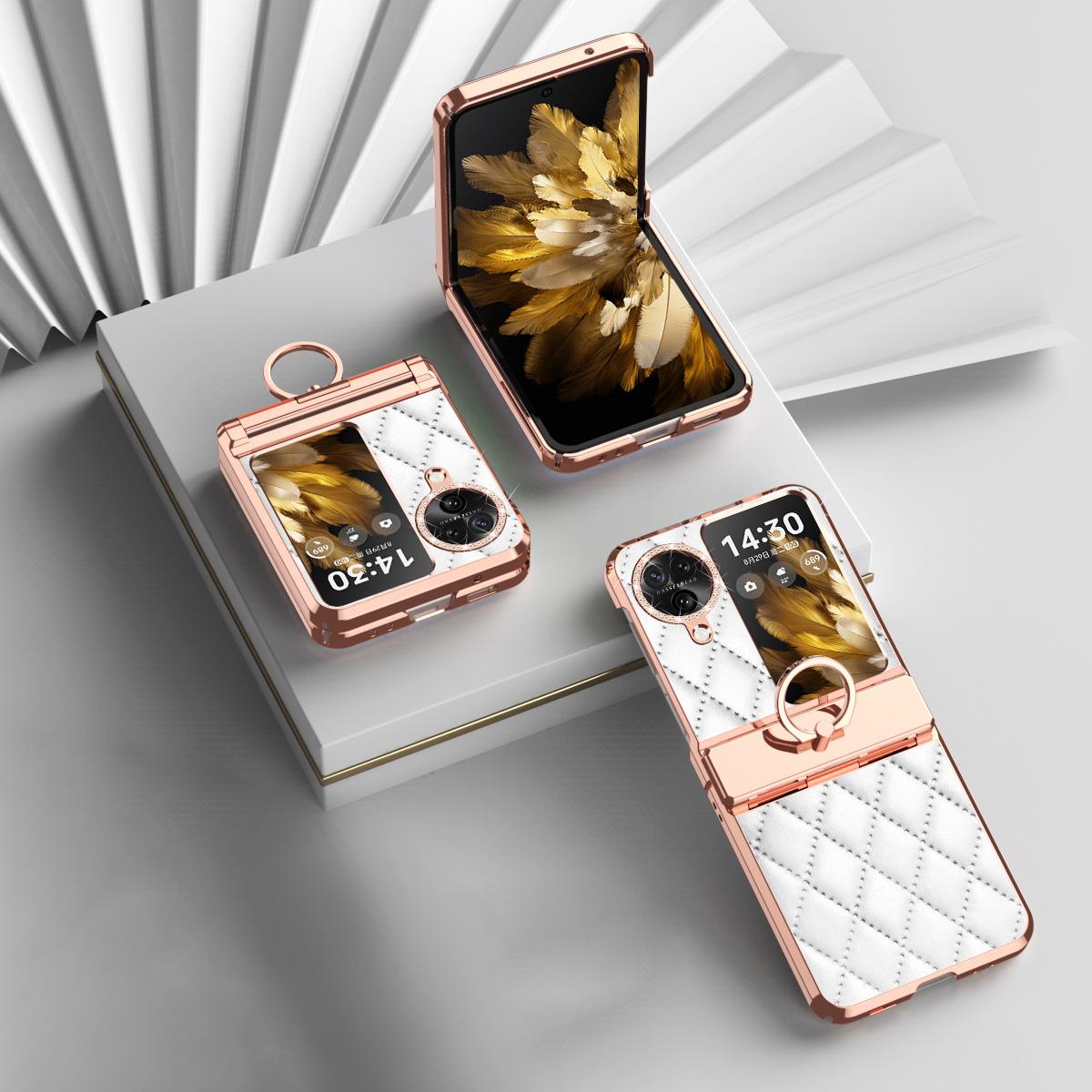 

For Oppo Find N3 Flip 5G Imprinted PU+PC Phone Case Rhinestone Ring Kickstand Electroplating Phone Cover White