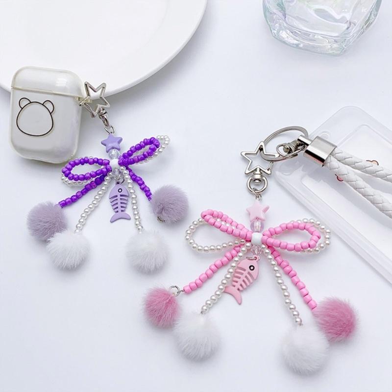 Bowknot Plush Ball Hanging Pendant Portable Y2K Hanging Lanyard Sweet Cool Phone Strap Bag Decoration for Girls Women