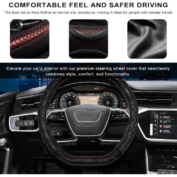 Car Steering Wheel Cover, 15 Inches Leather Comfy Grip Steering Wheel Protector with 3D Honeycomb, Anti-Slip D-Shaped Wheel Wrap Cover for Most