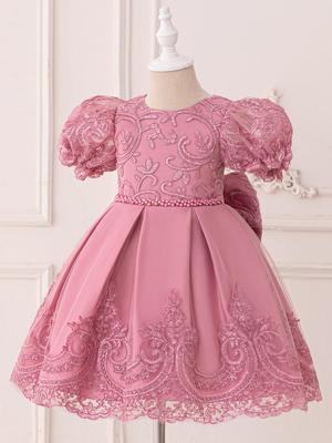 2026 Girls' Formal Lace Embroidery Mid-Length Satin Princess Dress