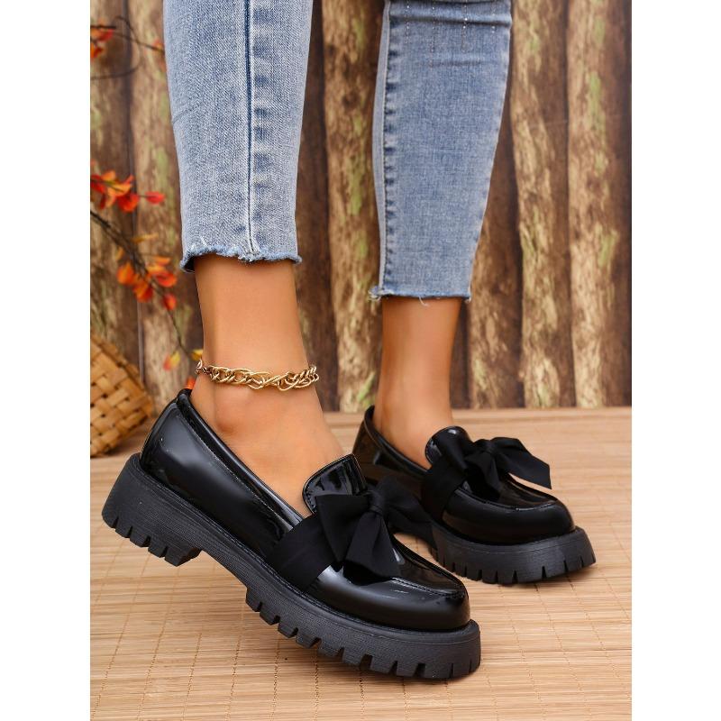 Chunky Sole 2025 British Style Korean Vintage Leather Loafers for Women Women's Slip-On Loafers with Bow Detail