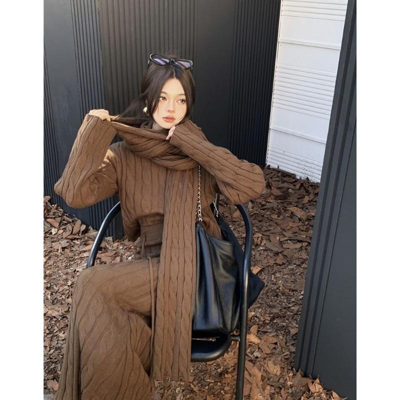 Korean Retro Round Neck Long-sleeved Knitted Sweater for Women Autumn New Niche Simple Elastic Waist Long Skirt Set