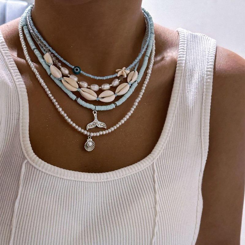 Blue Bohemian Necklace Seaside Necklace Soft Pottery Pearl Shell Multilayer Stacked Necklace