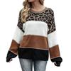[J-Scott] Leopard Print Knit Sweater for Women, Striped, Color Blocking, Crew Neck, Drop Shoulder, Long Sleeve, Trendy Design, Stretchy, Casual, Brown