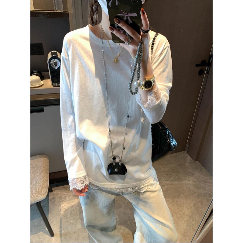 Mochie Oversized Lazy Style Lace Patchwork T-shirt – Early Spring Korean Design MQ1081 One Size белый