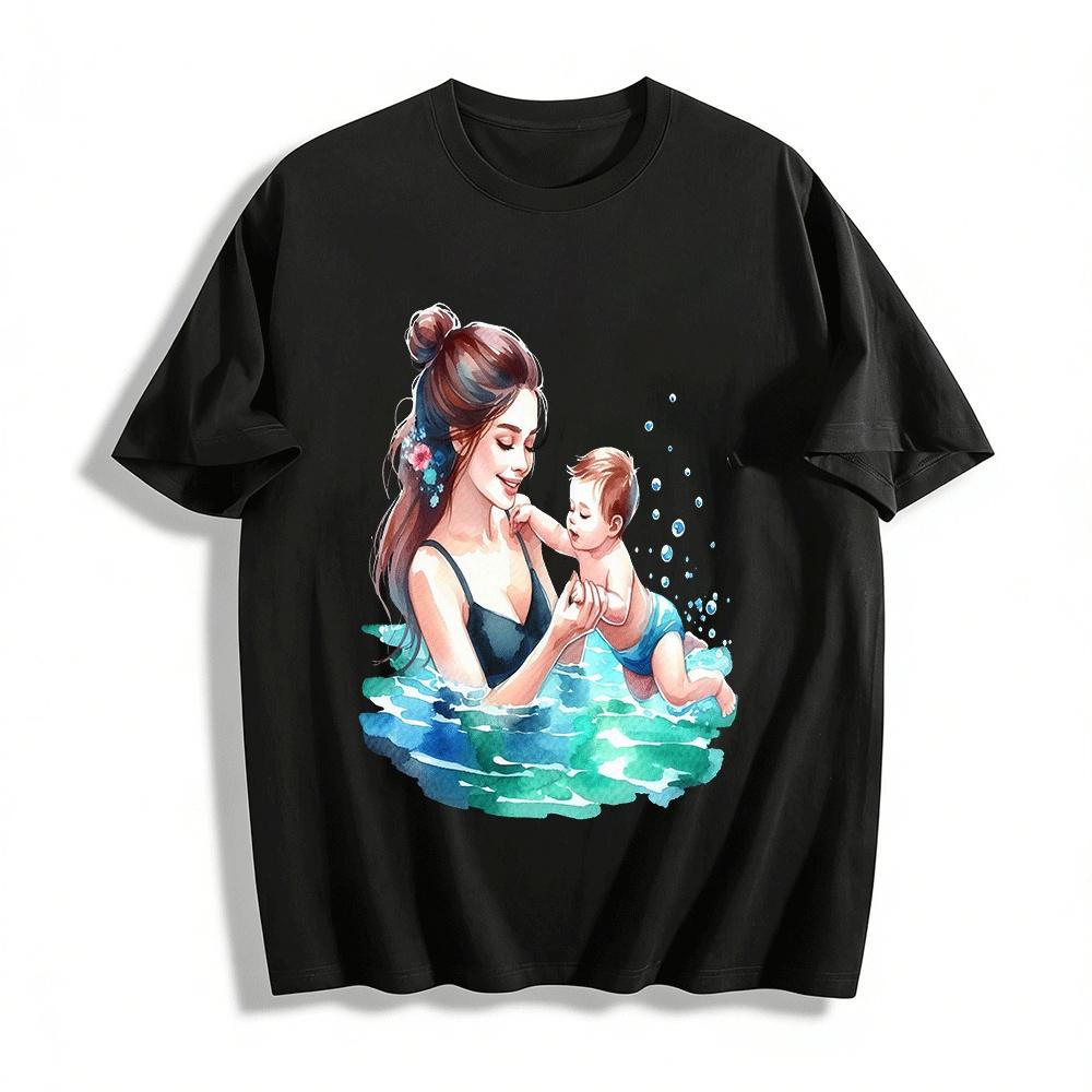 

Mom And Baby Swimming Time Printed Casual Top Pure cotton T-shirt XXS