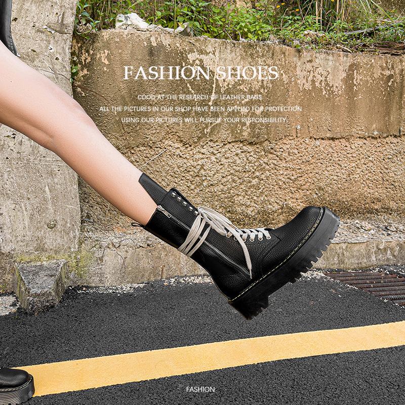 All Cowhide Pu Caiying Same Lychee Pattern Lace-Up Martin Boots Women'S Thick-Soled Medium Tube Handsome Knight Boots Heightening Short Boots