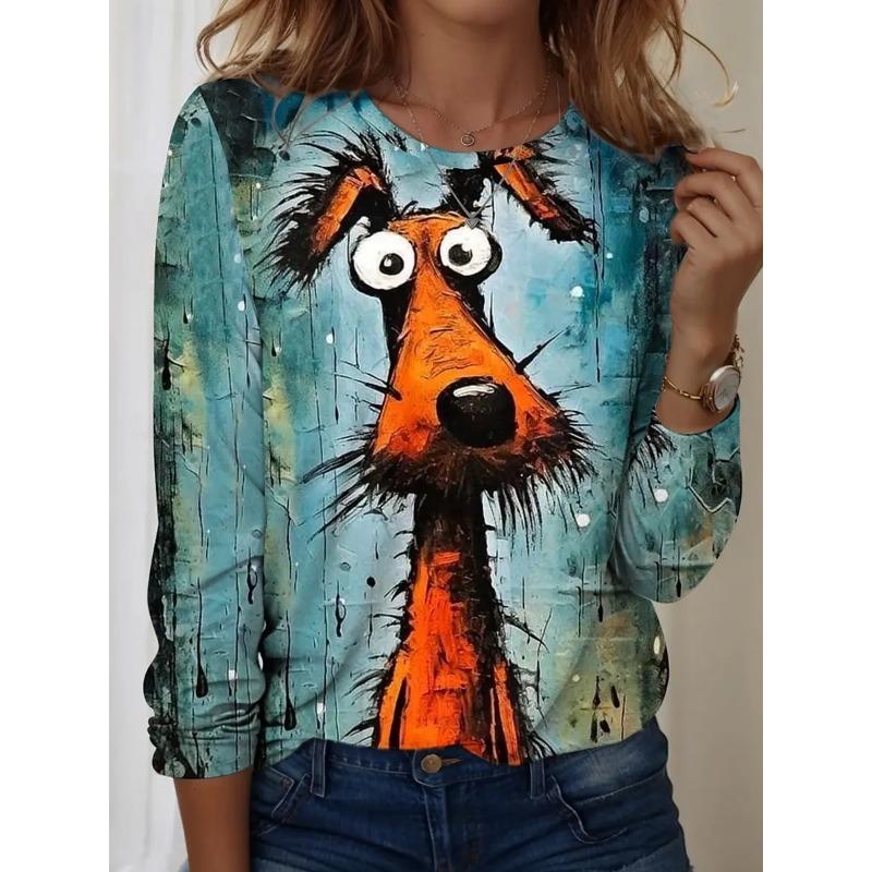 

Весенне-осенние футболки с круглым вырезом и 3D-принтом мультяшной собаки, модные повседневные женские футболки с длинным рукавом XXXL