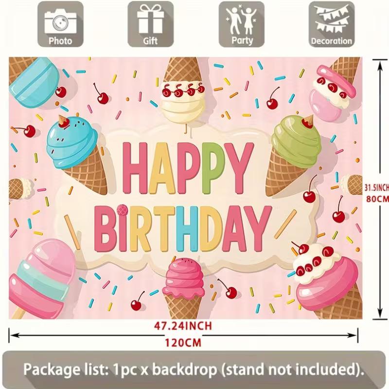 2D Pastel Ice Cream Cone Birthday Backdrop Cherry Sprinkle Kids Party Background