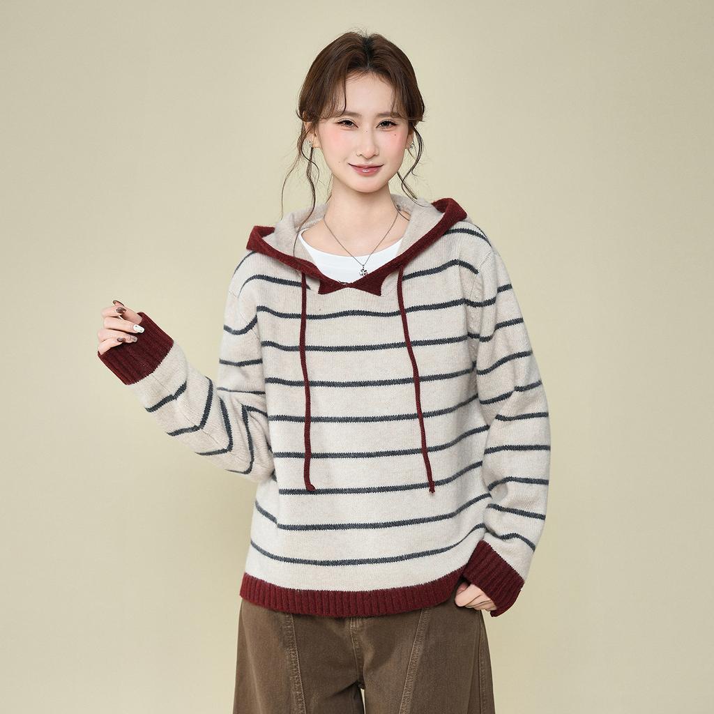Lazy Hooded Striped Knitted Sweater Long-sleeved Thickened Bottoming Shirt with Autumn and Winter New Loose Coat Top Women