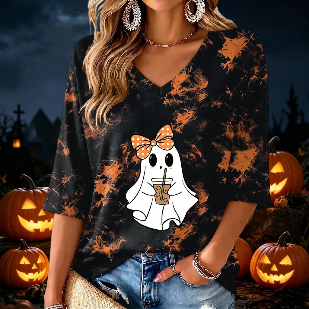 Women's V-Neck Halloween Print Lightweight Blouse for Spring and Summer Casual Wear