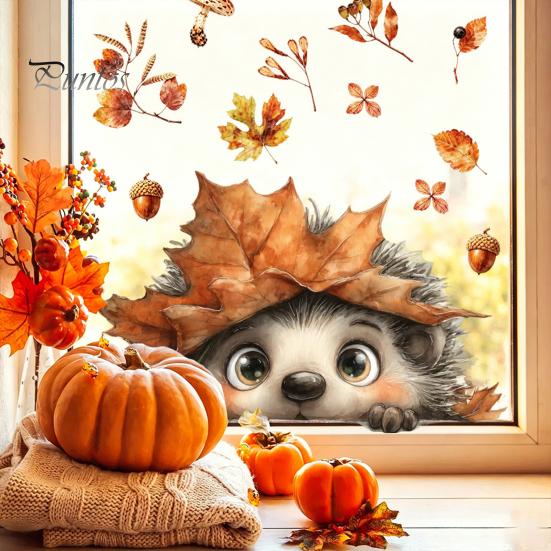 Removable Fall Window Stickers for Home Autumn Static Sticker with Cute Animals & Maple Leaves, Harvest Seasonal Glass Living Room Festival
