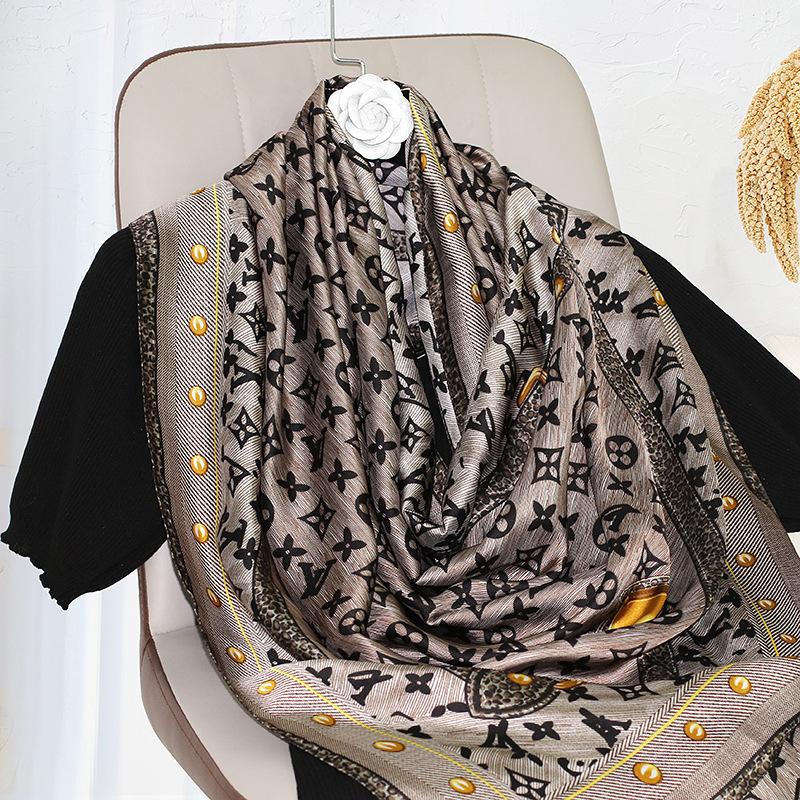 New Imitation Silk Printed Silk Scarf for Women  Versatile Geometric Sun Protection Beach Towel Ethnic Style Decoration Gauze Shawl