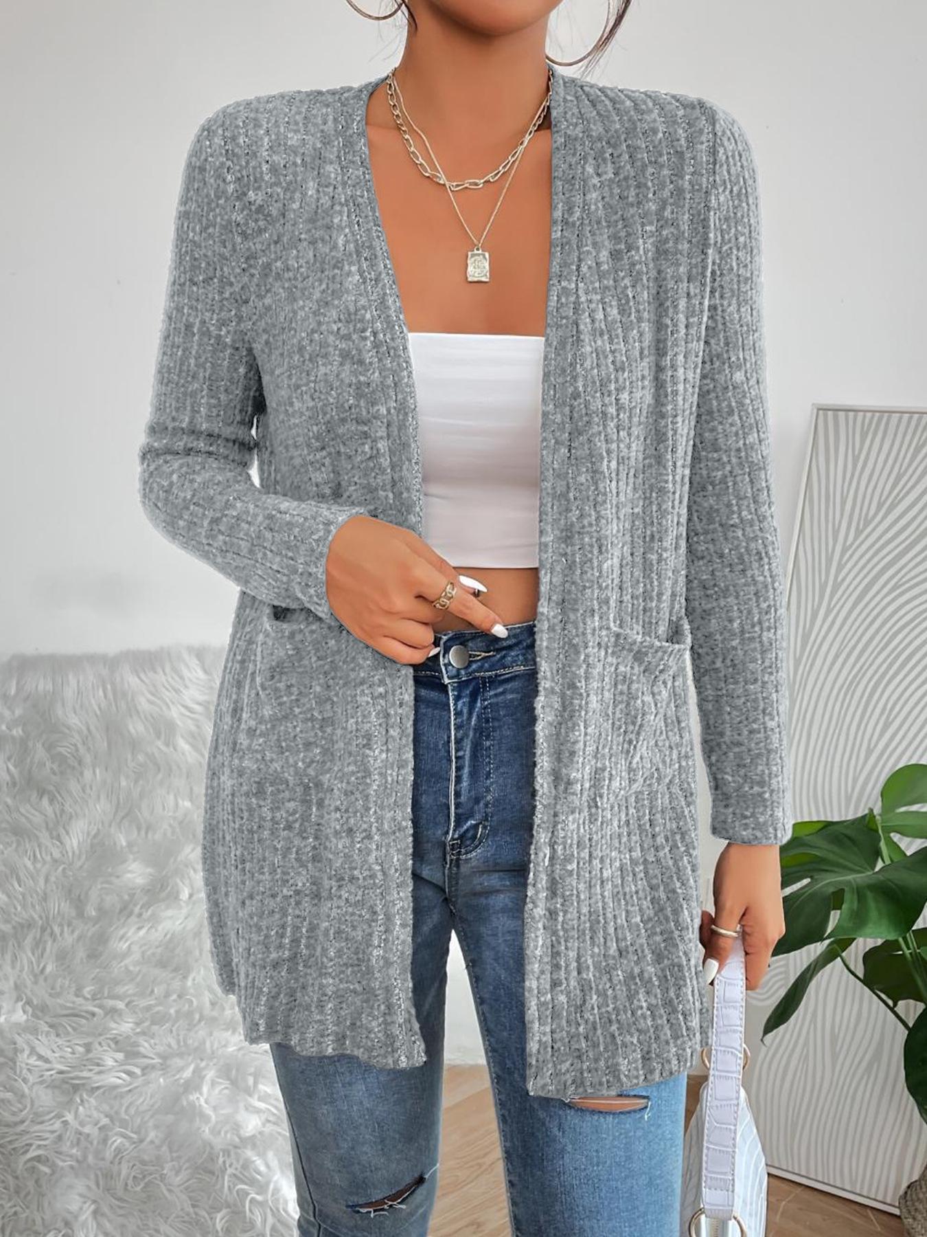 

European-American Autumn/Winter Solid Color Casual Knitted Ribbed Long Sleeve Cardigan. XXXL світло-сірий колір