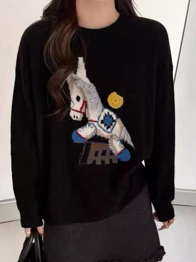 Women's Red Embroidered Horse Sweater - Round Neck, Soft Winter Knit, New 2026 Style