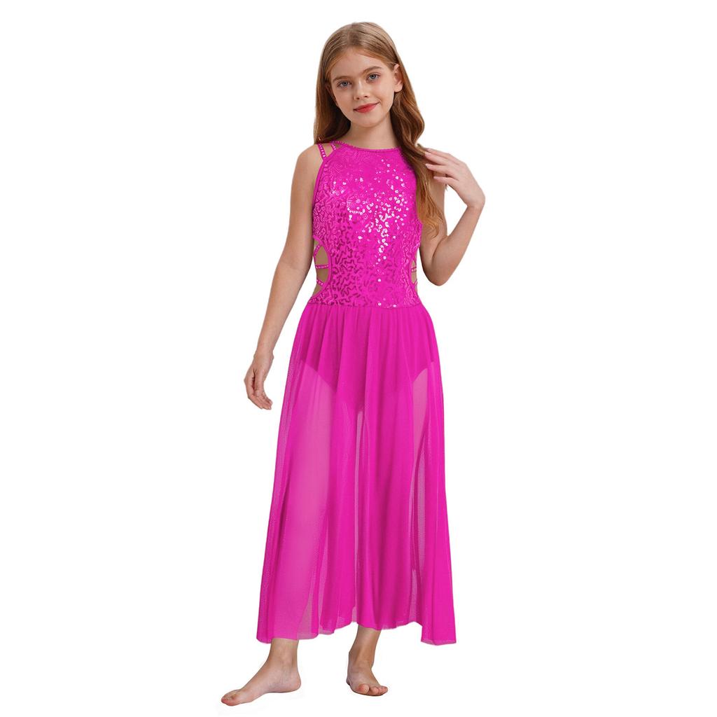 Girls Performance Dress Shiny Sequins Rhinestones Strappy Cutout Waist Side Split Mesh Dancewear