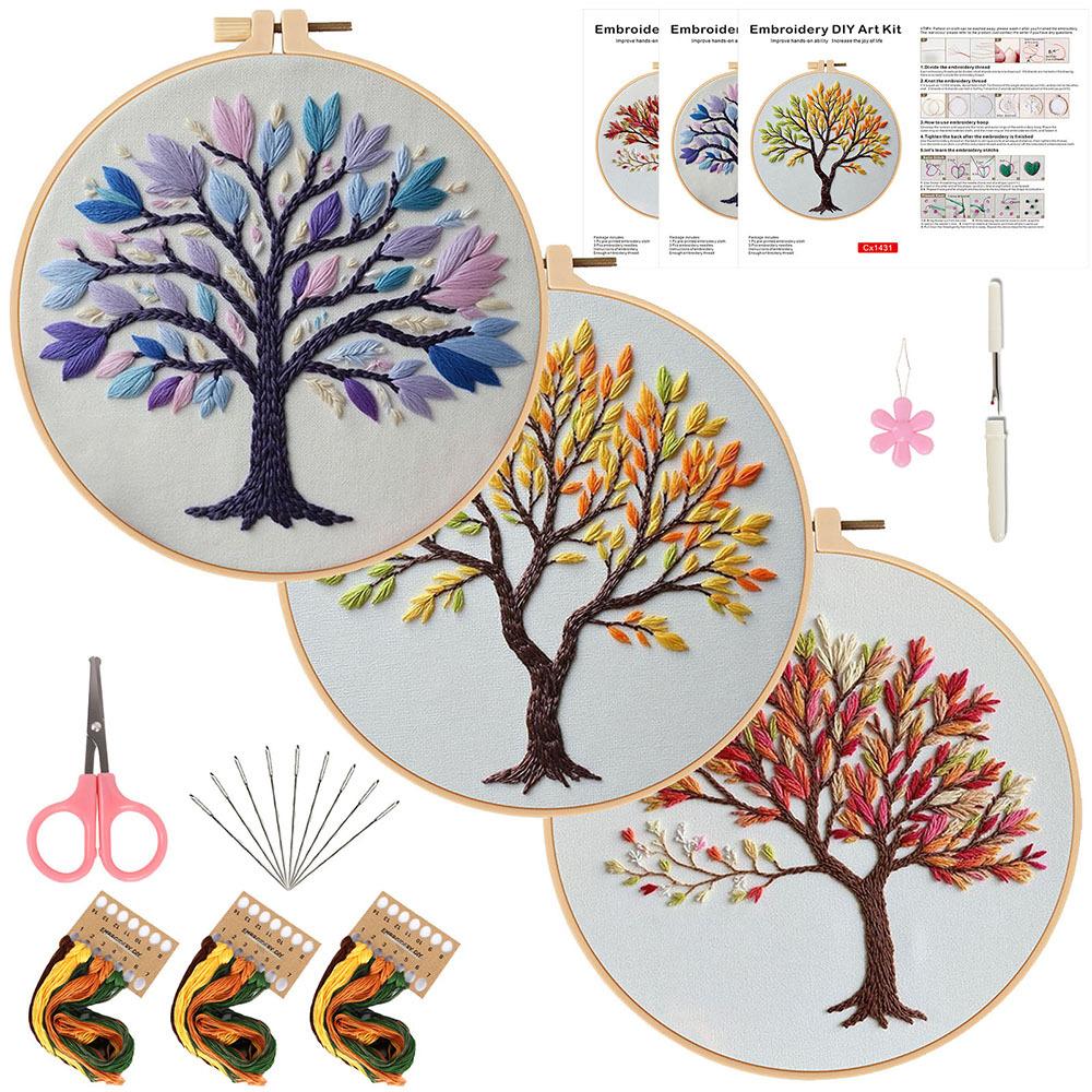 New Handmade Embroidery Diy Material Package, Colored Trees, Three Trees, Fabric Needle And Thread Set.