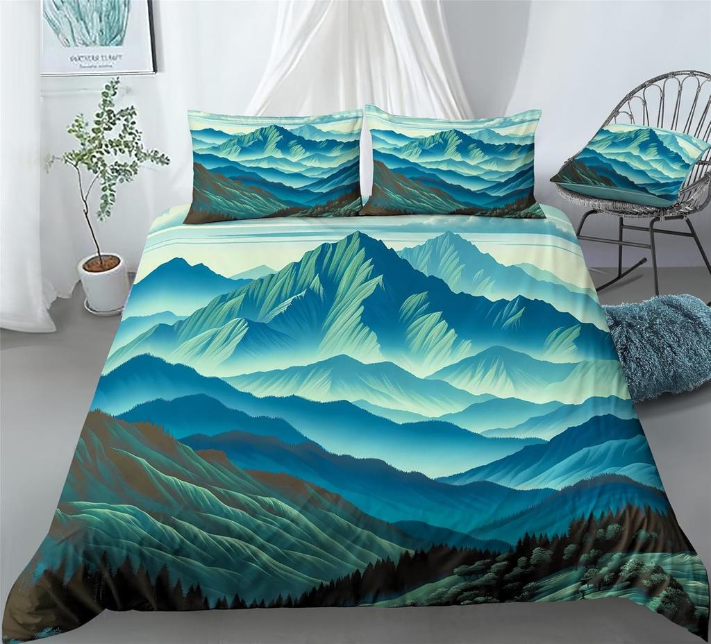 Comforter Hand-Painted Style Queen King Size Japanese Style Forest Mountain Bedding Set 3 Pcs With 2 S No Quilt