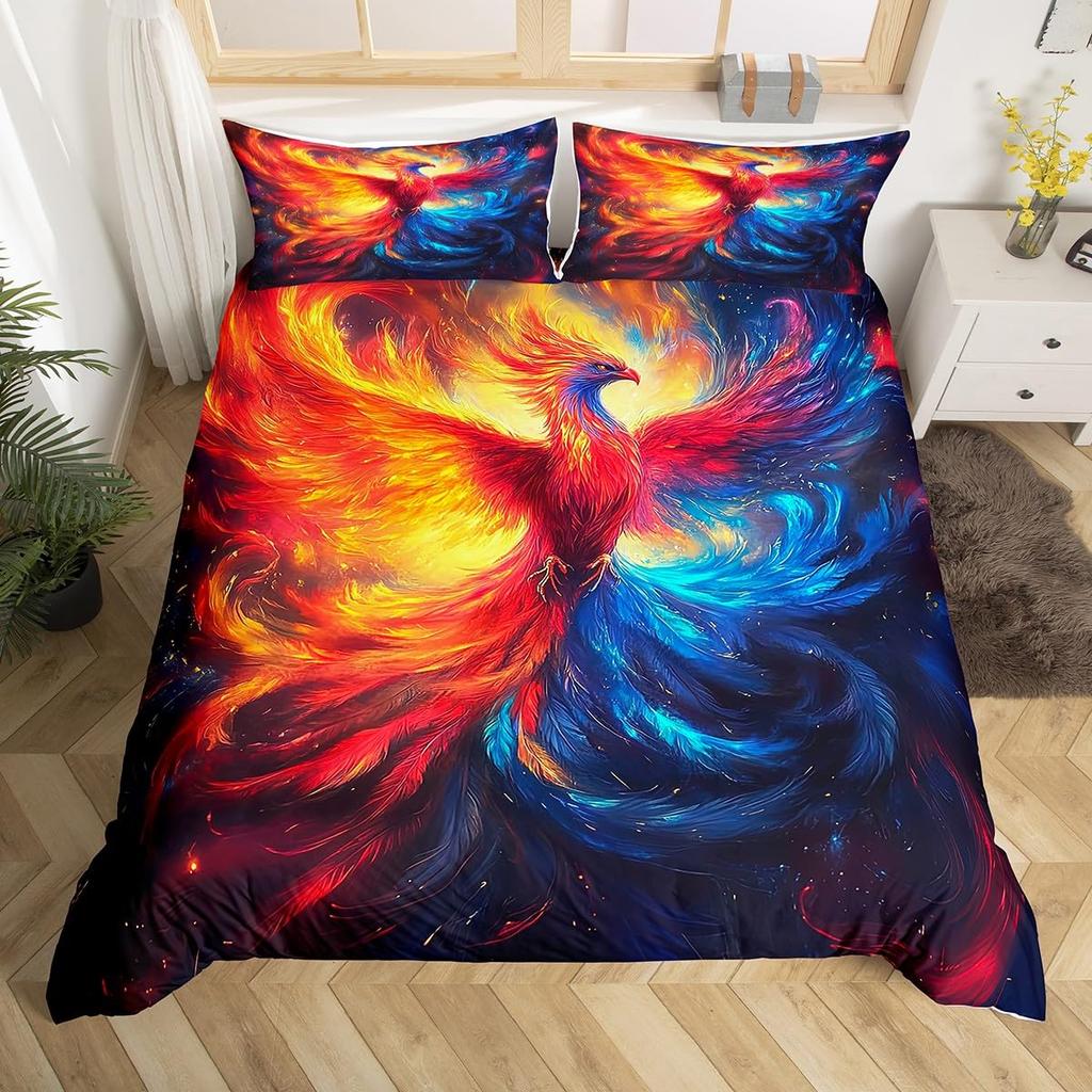 Colorful Phoenix Duvet Cover Set Cartoon Birds Bedding Set Full King Size Microfiber Flame Wings Comforter Cover For Boys Girls